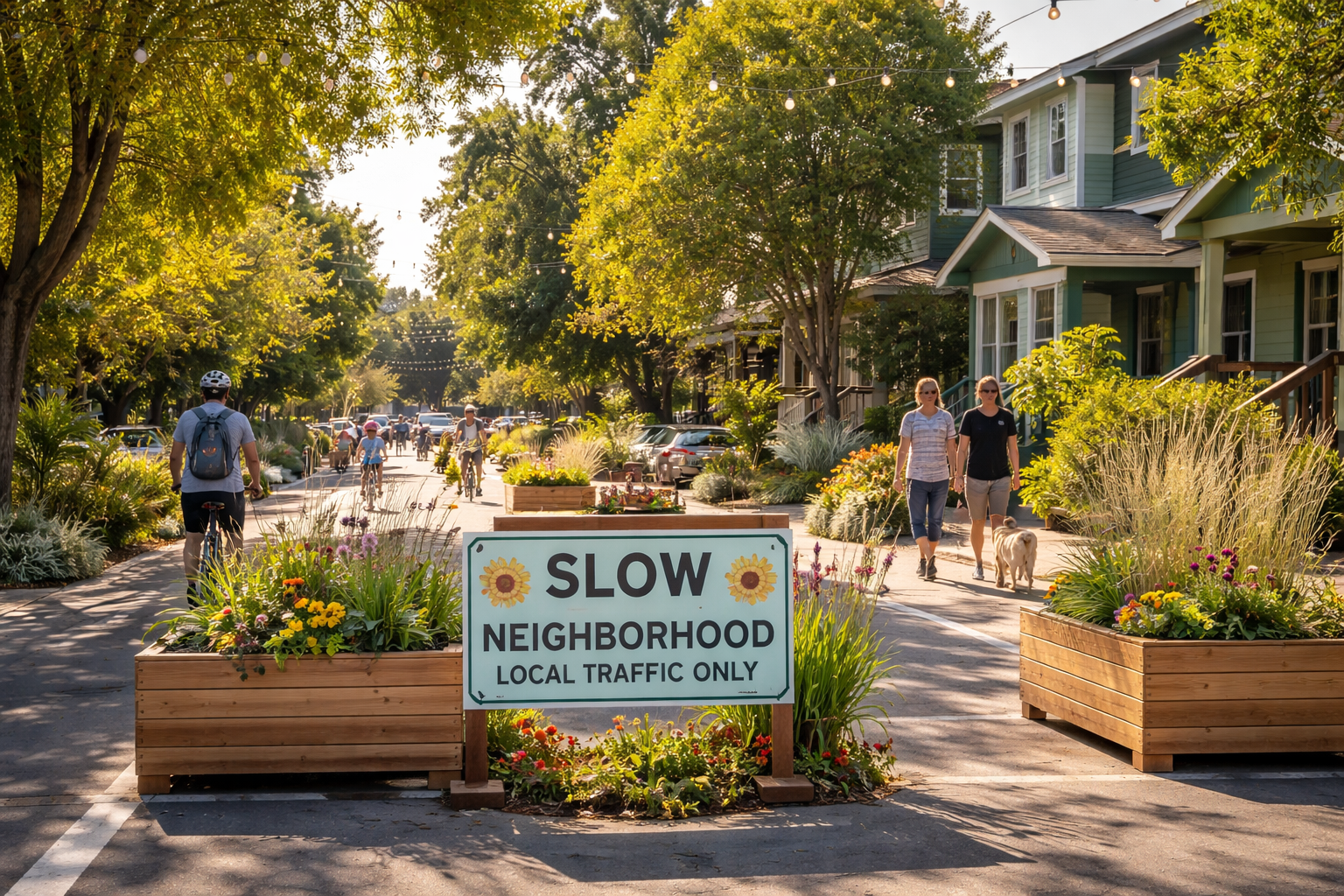 Residential street with pedestrians and a cyclist — neighborly character