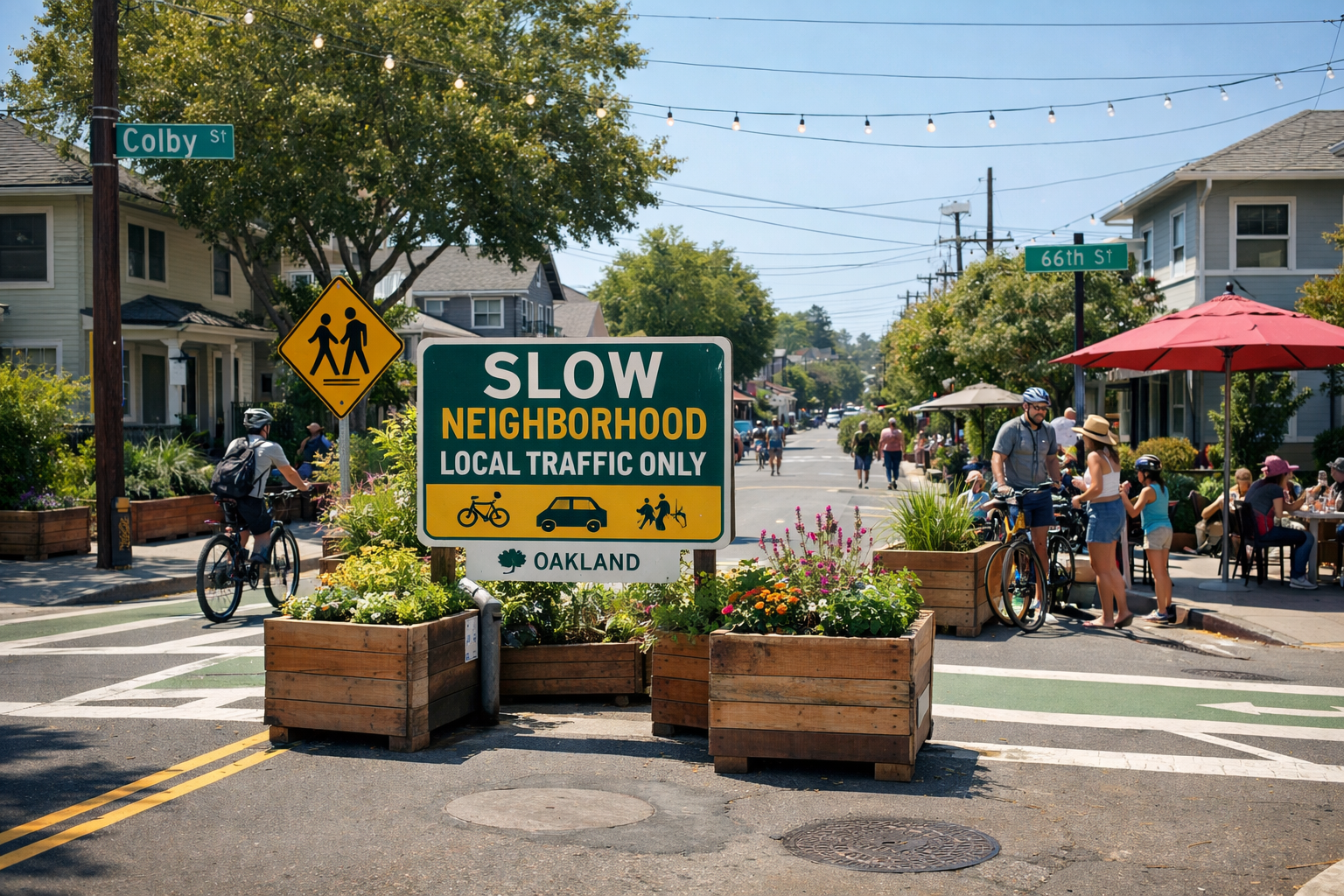 Slow Neighborhood sign with cyclist and outdoor cafe — walkability and bike-friendliness
